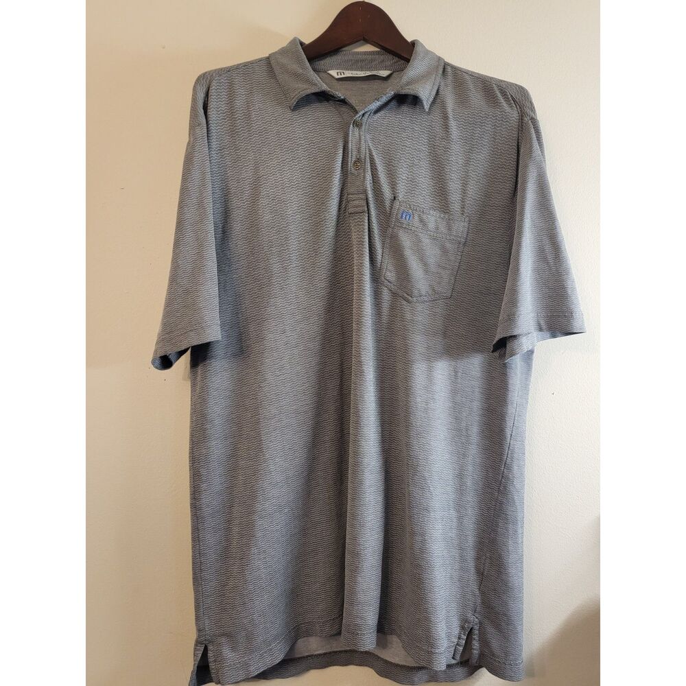 TRAVIS MATTHEWS MEN GRAY BLUE POCKET ATHLETIC SHORT SLEEVE‎ GOLF POLO SIZE LARGE
